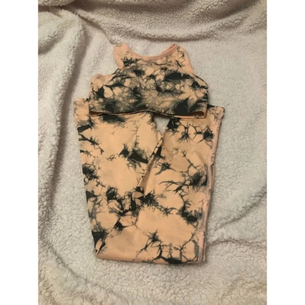 NEW PEACH AND BLACK TIE DYE LEGGINGS L - Picture 4 of 4